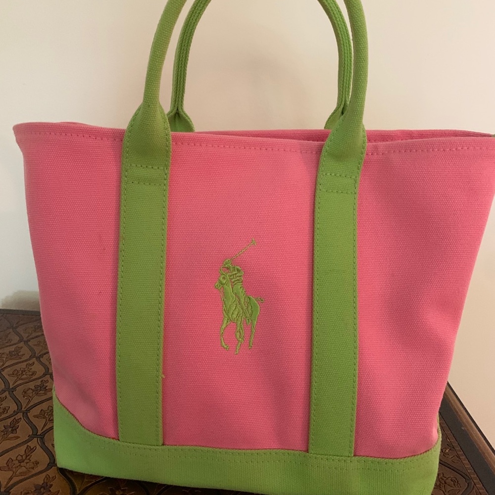 Large pink with green handle straps polo tote bag